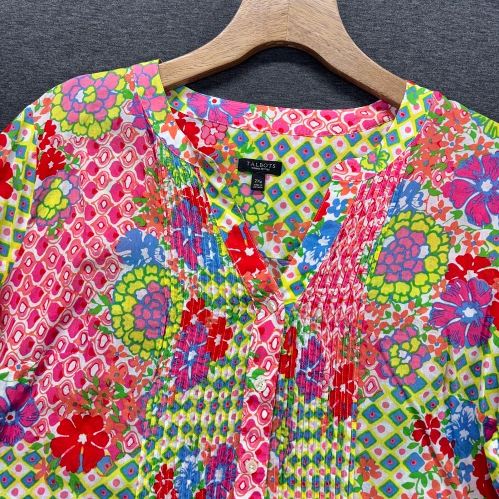 Talbots Blouse Womens‎ 2XP Floral Pintuck 3/4 Sleeve 100% Cotton whimsical